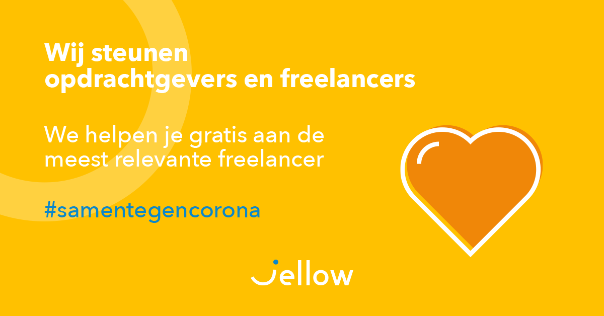 jellowbe's tweet photo. Als freelanceplatform willen we ook in moeilijke tijden freelancers en opdrachtgevers bij elkaar brengen. Tot en met 3 mei helpt onze Jellow Care-service je bij het vinden van de ideale freelancer.

Want ook nu kan je op ons rekenen. 💛

https://t.co/iRyWHz6gVB

#samentegencorona https://t.co/0EHnnsnNS6