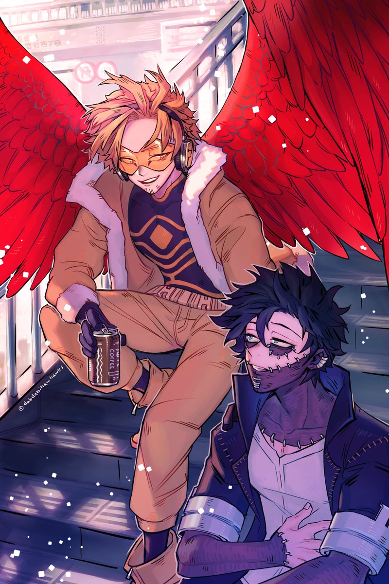 Dabi getting motion sick and Hawks accompanying him at the stairs... #荼毘ホ #...