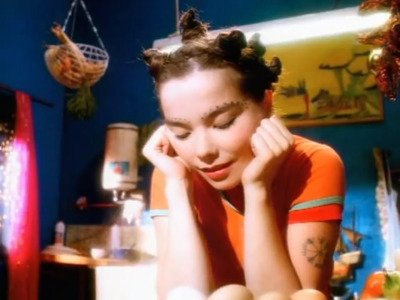 Venus As A Boy (1993)The video portrays Björk in a kitchen, fondling and cooking eggs. At one point, she's seen caressing a bearded dragon. The video was inspired by the book Story of the Eye by Georges Bataille.