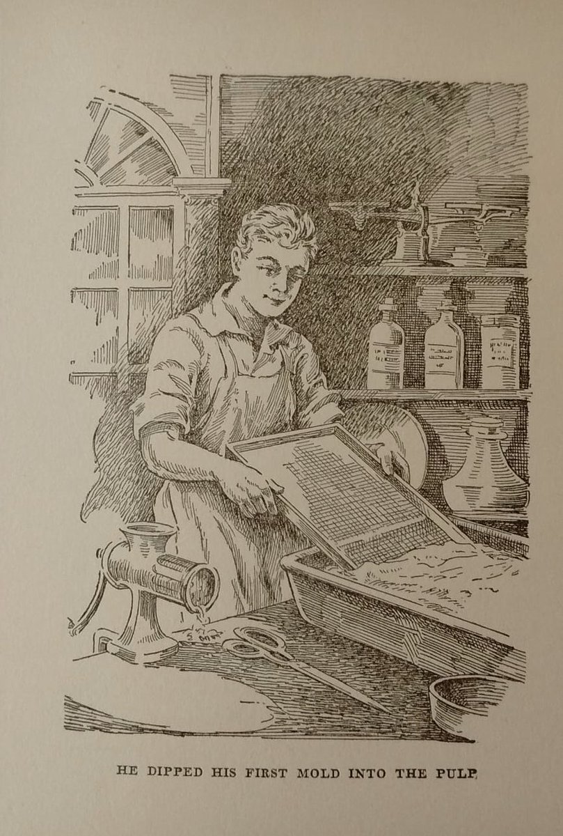Here’s another example of hand-paper making, by a rather serious young lad. Shouldn’t he be out enjoying his teenage years?! But instead he’s experimenting with a wove mold. Oh well. Probably made his own personalised watermark too.  #booksinchildrensbooks