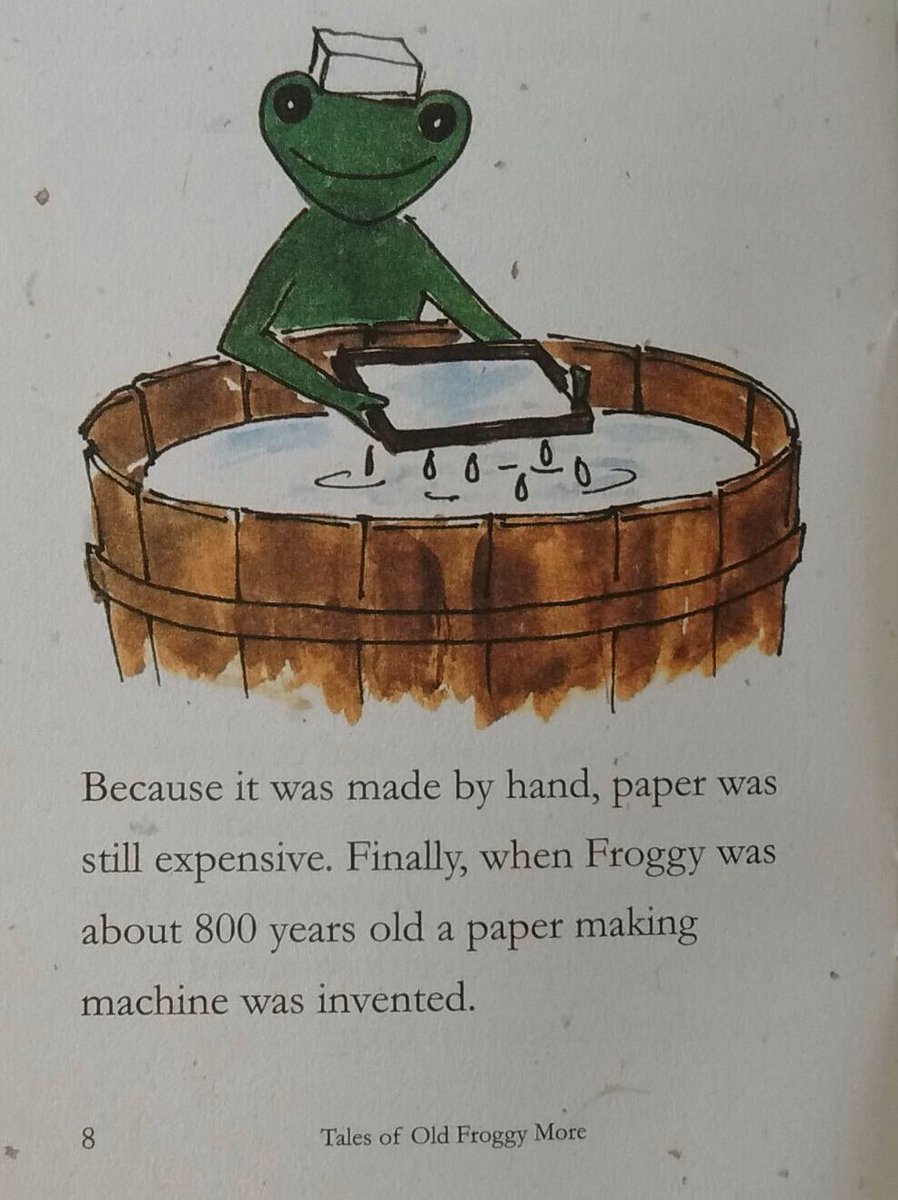The beginning: how about depictions of paper-making in children’s books?  @FrogmoreMill’s Tale of Old Froggy More shows the early days of paper-making, also including a fine paper hat  #booksinchildrensbooks