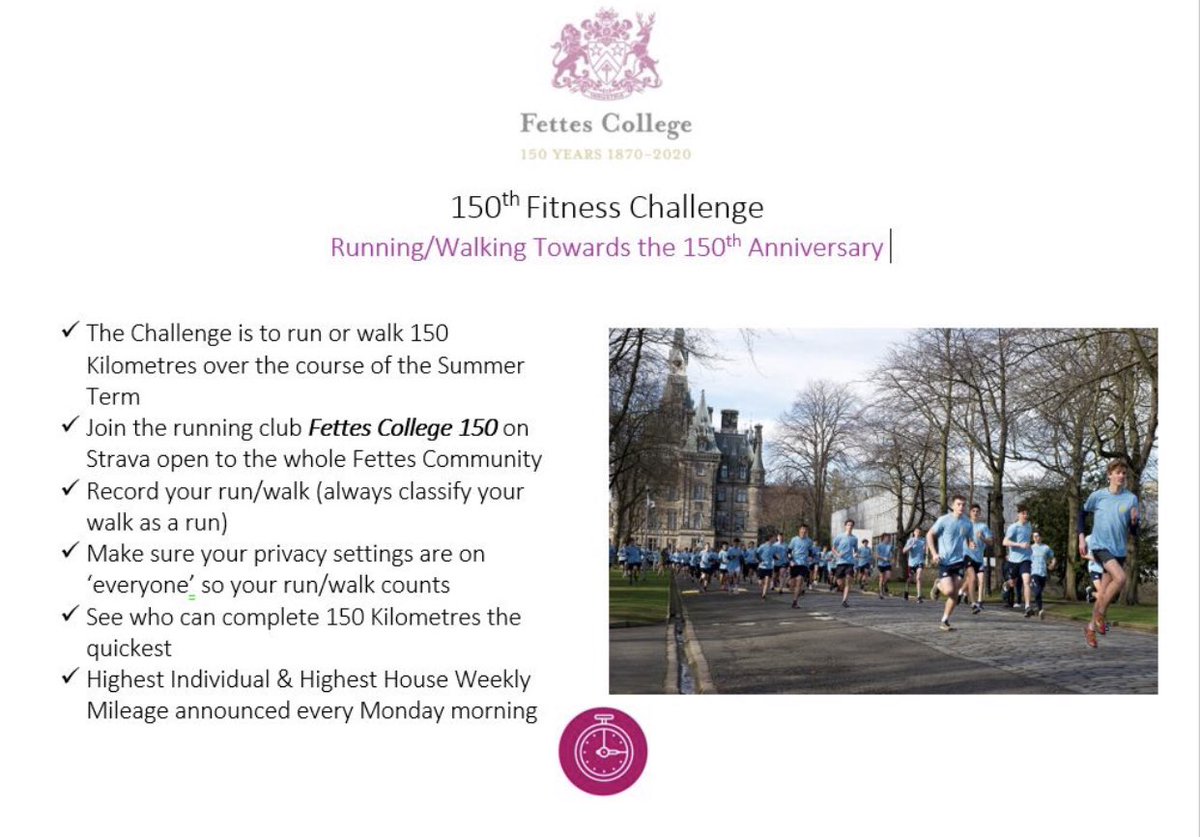 Fettes_Sport's tweet image. The Fettes 150th Fitness Challenge. This is open to the whole Fettes Community! All you need to do is join the “Fettes College 150” group on @Strava and get running/walking @Fettes_College @Fettes_Sport @OldFettesians