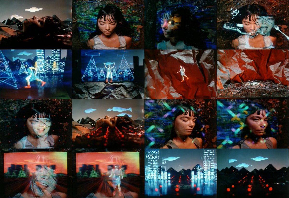 Hyper-ballad (1996)Shots of Björk's face are compiled with model cliffs footage, while a video-game resembling avatar of Björk runs through the screen.