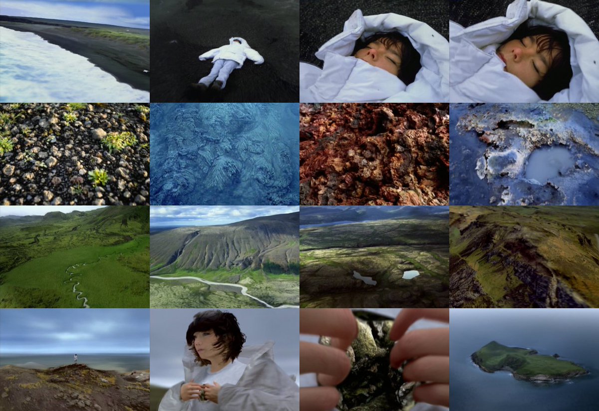 Joga (1997)The video shows different Icelandic terrains & landscapes with Björk appearing only in the beginning & the end. With CGI, earthquakes begin to separate & shift the chunks of land. The video ends with a computerized image of an island floating inside Björk's chest