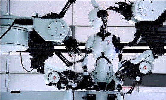 All is Full of Love (1999)In the critically lauded video, an ethereal, white room is shown, where a robot with Björk's features lies in a fetal position. As the room lightens up, two mechanical arms begin to assemble the robot. The robot looks up to see another robotic Björk.