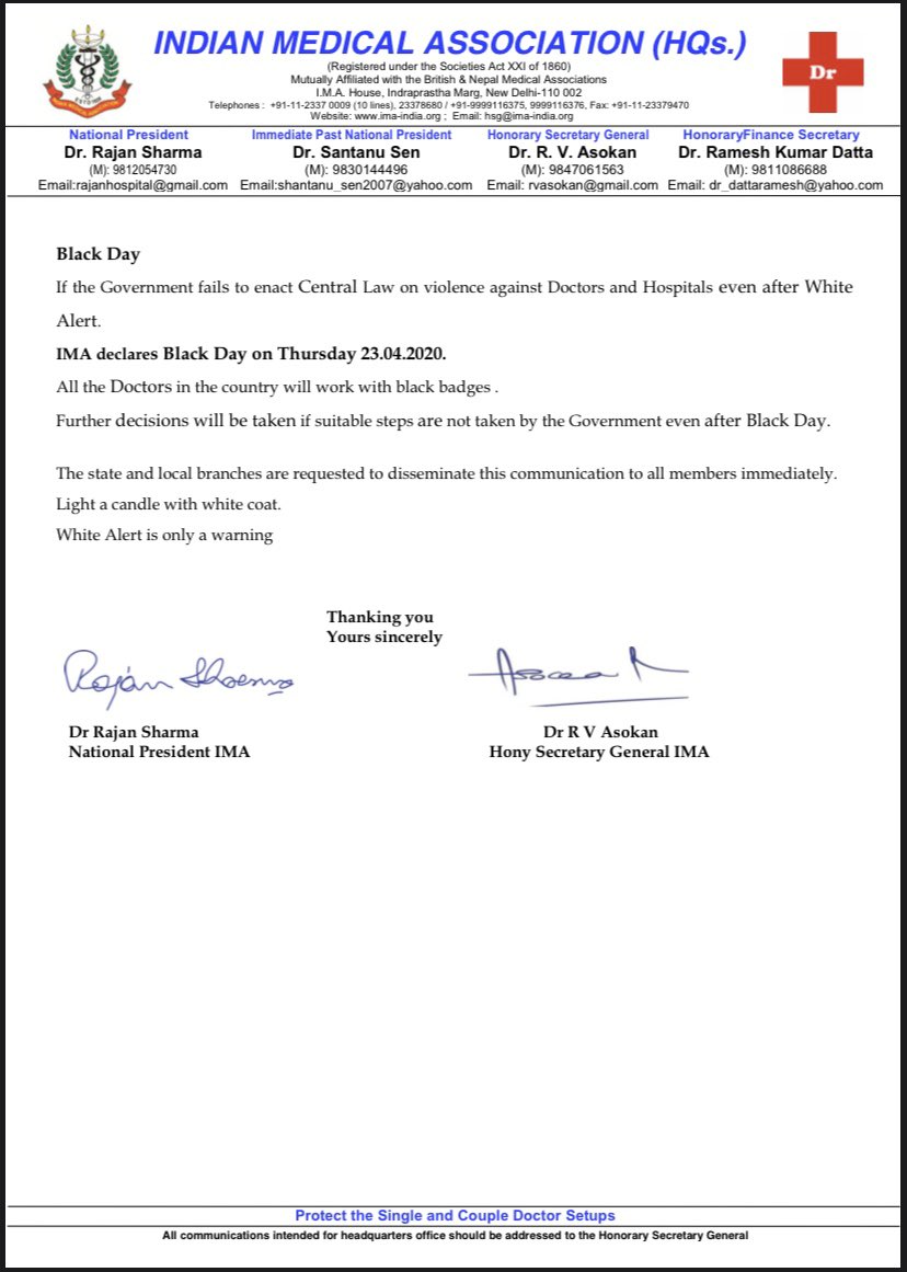 #IMA demands Special Central Law Against Violence on Doctor’s &amp; Declares White Alert to the nation on 22.04.2020 &amp; Black Day on 23.04.2020.