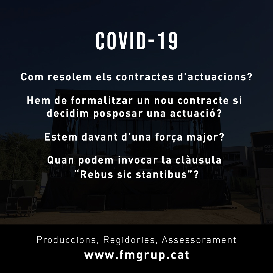 ✅ #Covid_19 Què passa amb els contractes d’actuacions?
Necessites respostes a aquestes preguntes?
Ajuntaments, promotors i artistes.. 
CONTACTE AMB NOSALTRES: info@fmgrup.cat
#CulturaEnEmergencia #Musica #contractes #actuacionsmusicals