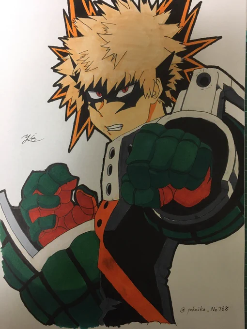 最近暇なんでジャンプアニメ(ヒロアカ、鬼滅)見てたらしっかり沼にハマりましたわ…てなわけで久々にコピックで爆豪勝己描きました!頭のトゲトゲ好き(語彙力)(影で暗いけど許してねん) #模写 #コピック #ヒロアカ #爆豪 #うちで過ごそう 