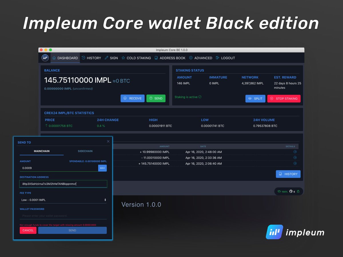 Meet the New Impleum Core Wallet Black edition. 
github.com/impleum/Impleu… 
Impleum Core BE is a full node wallet which allows you to send and receive #Impleum coins. It downloads the Impleum blockchain and allows you to Stake IMPL with any amount you may have.
$IMPL #CoreWallet