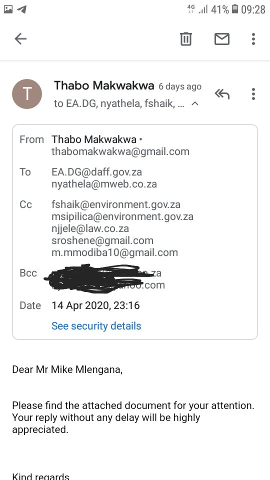 I was threatened by the self-proclaimed "powerful man in the ANC", Director General of  @DAFF_ZA MIKE MLENGANA, who called and threatened to deal with me if i don't stop asking questions about stolen Abolone, firing of whistleblowers and his alleged involvement on SA fence & Gate