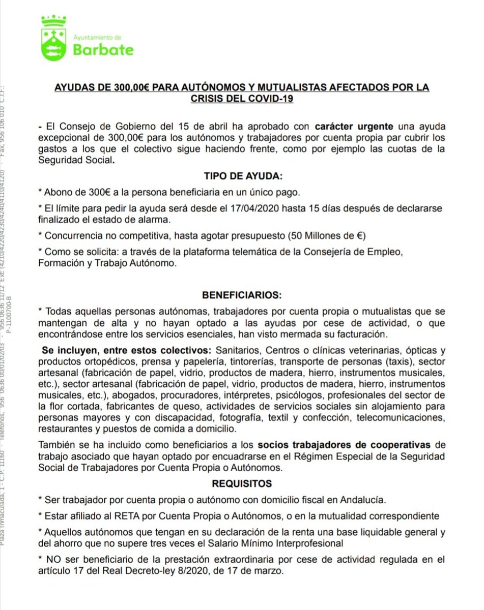 Ayto_Barbate's tweet photo. Requisitos para las ayudas a autónomos afectados por la crisis del #COVIDー19 aprobadas por el Consejo de Gobierno de @AndaluciaJunta. Para más información se puede dirigir al #CADEBarbate en el teléfono 856 10 82 60 o en el correo electrónico cade.barbate@andaluciaemprende.es https://t.co/L3xtkGMIXs