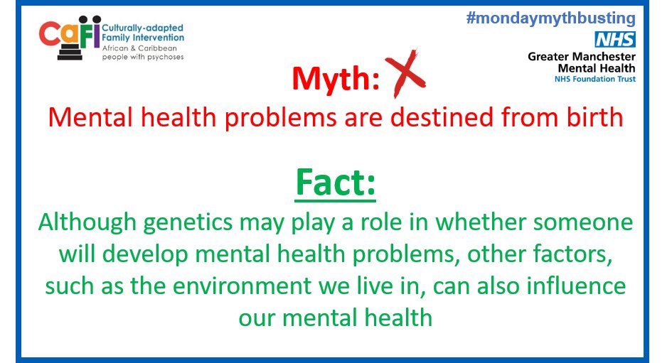 Welcome back to #mondaymythbusting! 
#Mentalhealth - is it all just genetics? Myth!
Mental health problems can arise from a combination of biological, social and environmental factors. 
RT to bust! 
#cafistudy #mentalhealthmyths #stigma #mentalhealthequality