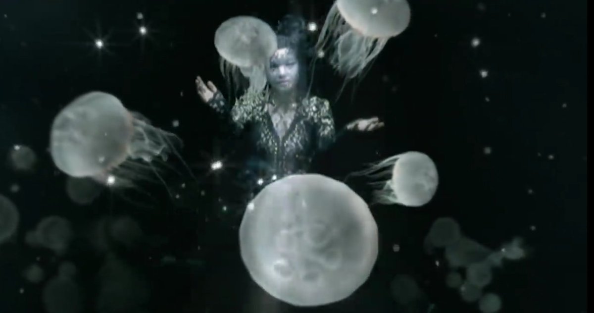 Oceania (2004)Björk is depicted as "Mother Oceania", with her face adorned by crystals. Camera pans down to darker, deeper waters. Björk appears out of the dark background, singing and covered with sparkling jewels. Images of jellyfish swim around carried by the currents