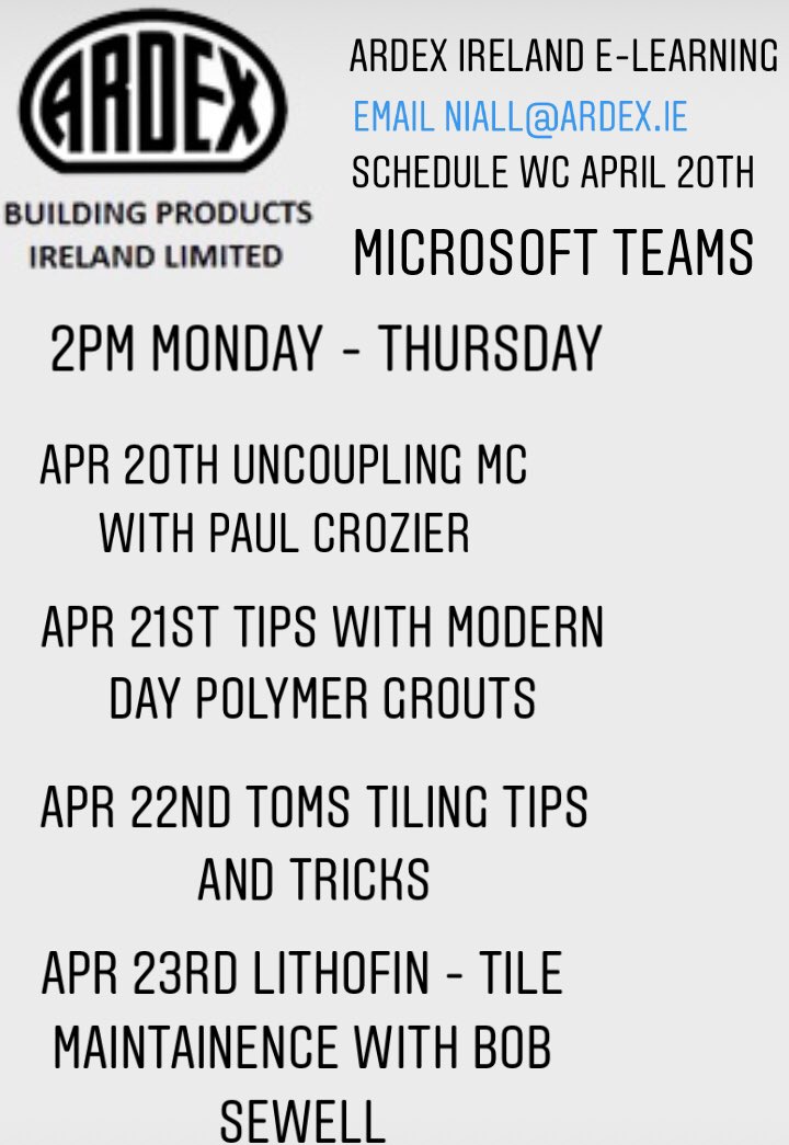 ArdexNOC's tweet photo. Please find schedule for this weeks E Learning With Ardex Ireland’s team . Email Niall@ardex.ie and register your interest . #Tiling #adhesive #elearning #tilersoftwitter #Ardexacademy #tilers #dublintiler #Bal #Lithofin https://t.co/qmqpXNv1qZ
