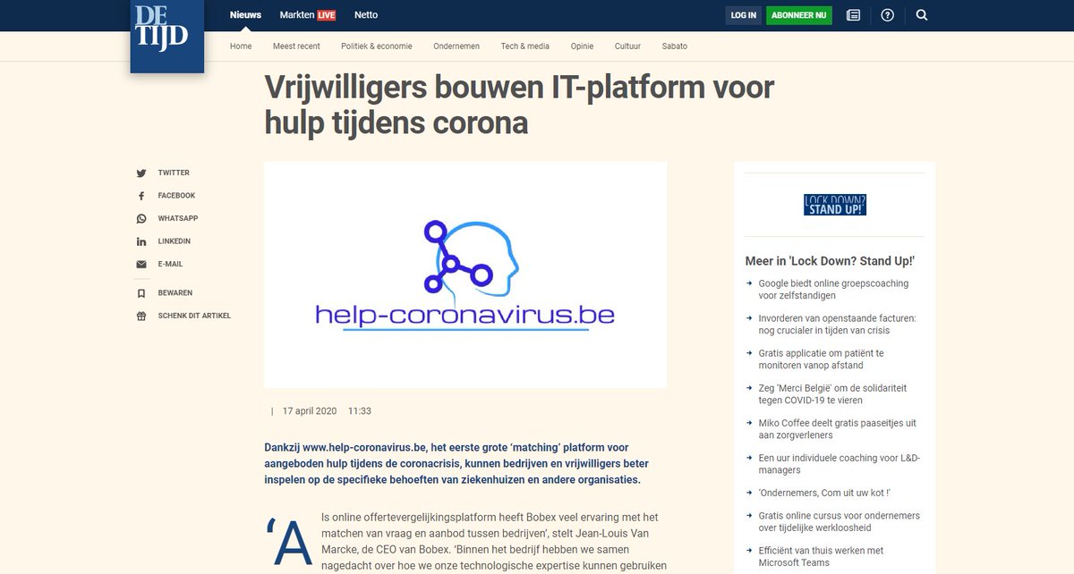 Om ons steentje bij te dragen in de strijd tegen corona, hebben we een gratis platform opgericht voor aangeboden hulp.
.
Hier leest u het volledige artikel: bit.ly/3eKS7dw
.
En dit is de link naar ons platform: help-coronavirus.be
.
#covid19BE #covid19 #coronahulp