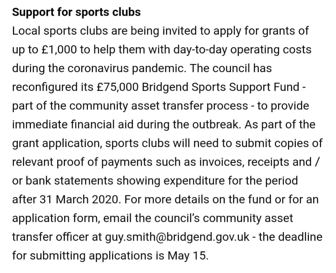 Support of up to £1000 available from Bridgend CBC to Bridgend sports clubs to help during the Covid-19 pandemic, applications open till 15 May.