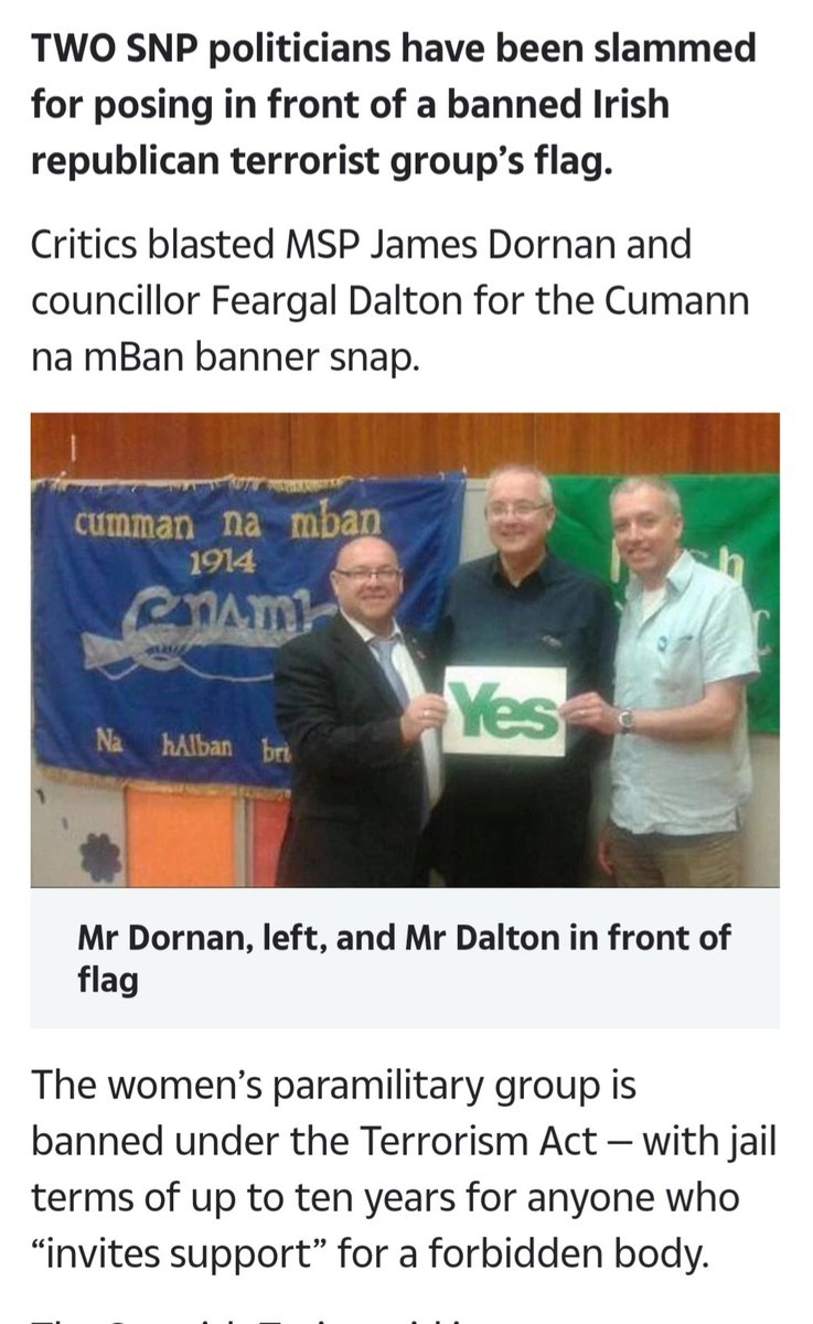 In October 2017, SNP MSP James Dornan and councillor Feargal Dalton were called out for a 2014 picture of them posing in front of the flag of a proscribed Irish republican terrorist group. Both remain in their roles.