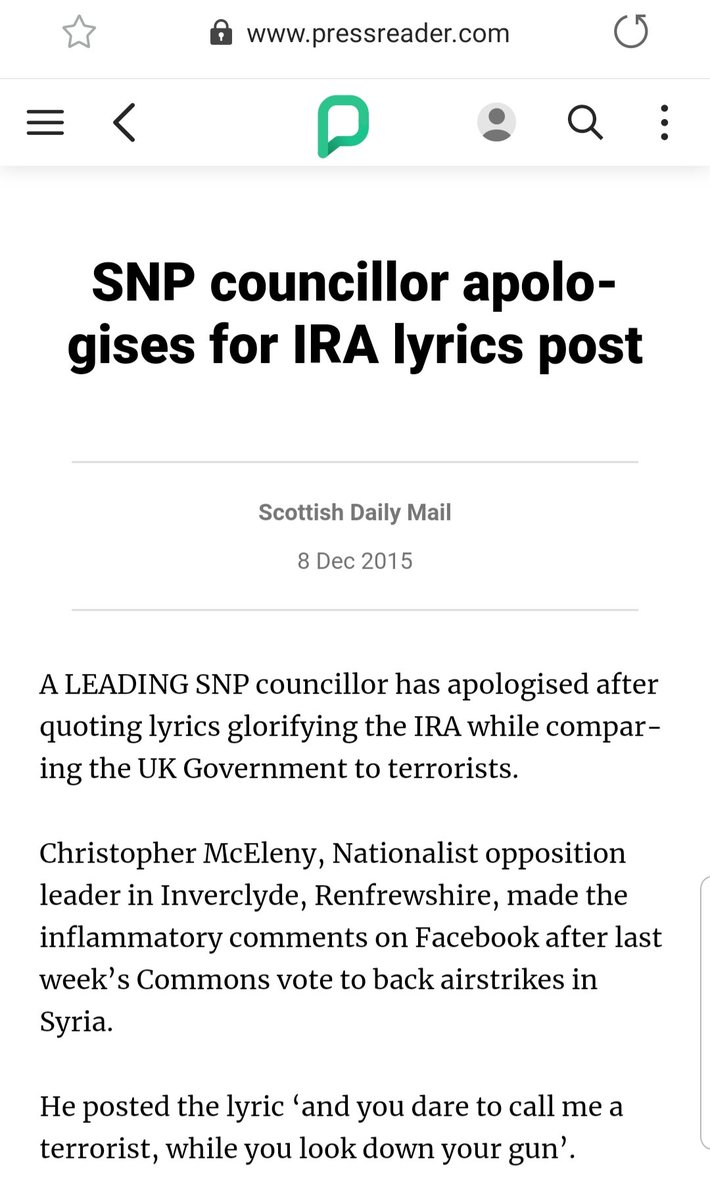 In December 2015, SNP councillor Chris McEleny was called out for posting a line from The Ballad of Joe McDonnell (a song praising an IRA terrorist) on Facebook. He later denied knowing the origin of the lyric and apologised.