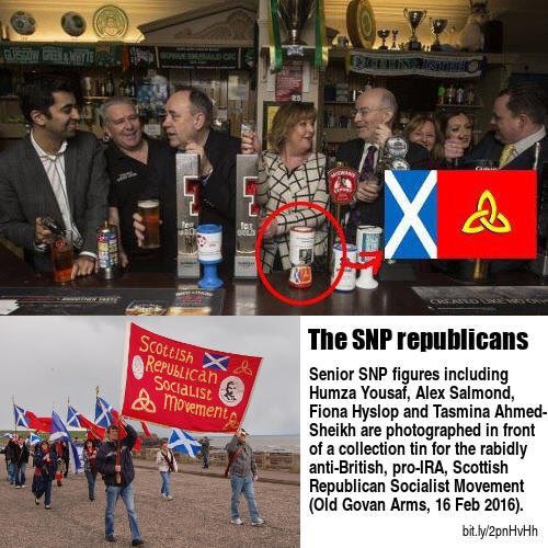 In February 2016, the SNP's former leader Alex Salmond, culture secretary Fiona Hyslop and MSP Humza Yousaf campaigned in The Old Govan Arms, a notoriously pro-Irish republican pub.