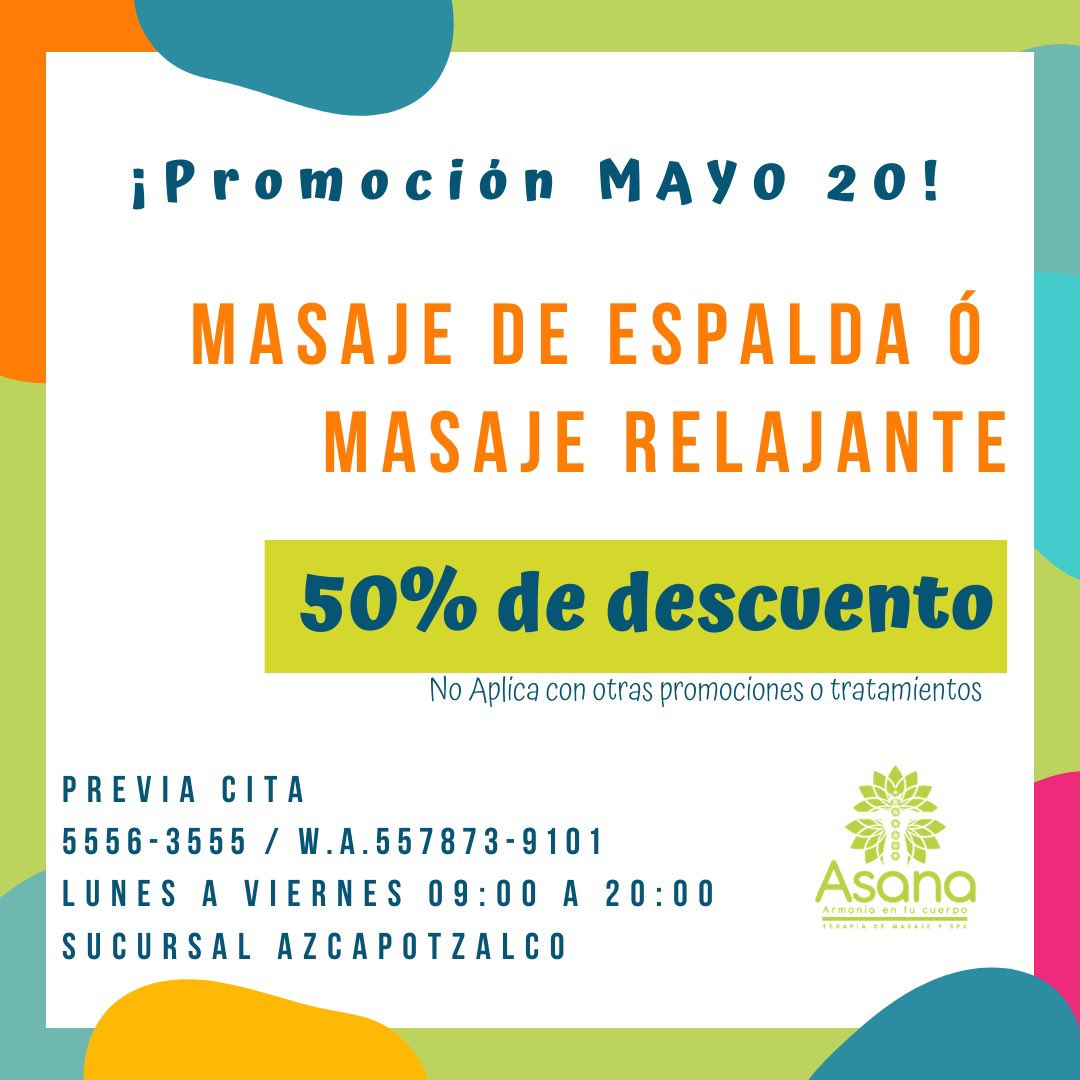 SpaAsanaMasaje's tweet photo. #AsanaFisioSpa
Disminuye el #dolor en #espalda #cuello y #cintura, todo #abril y #mayo 50% de #descuento en #masaje de #espalda ó #terapeutico #Azcapotzalco https://t.co/SfoLsngkFu