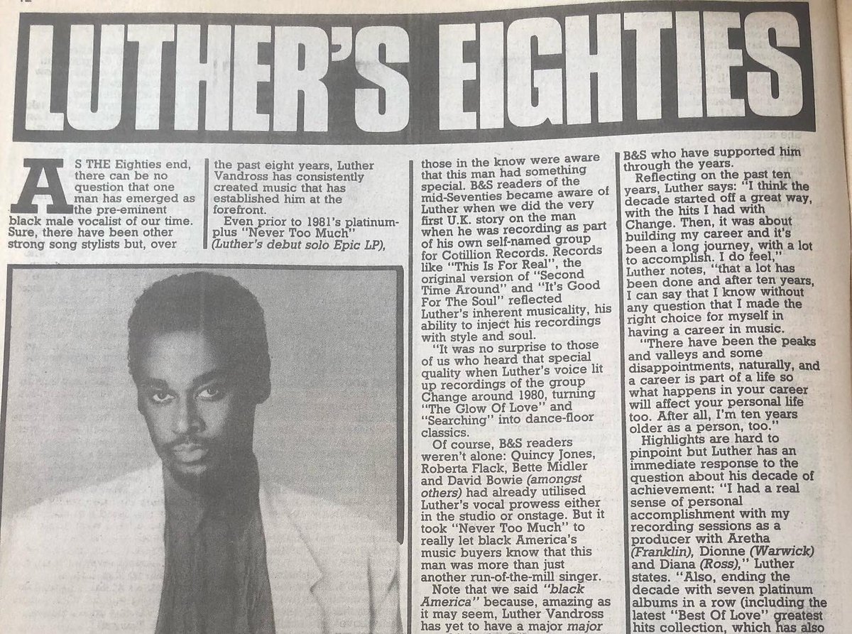 BluesandSoul's tweet image. Happy birthday to soul icon Luther Vandross... This is an excerpt of an interview with the soul icon in #551 1990 where he chatted about his music he produced during the 80’s 🤩
#luthervandross #soulmusic #soulicon