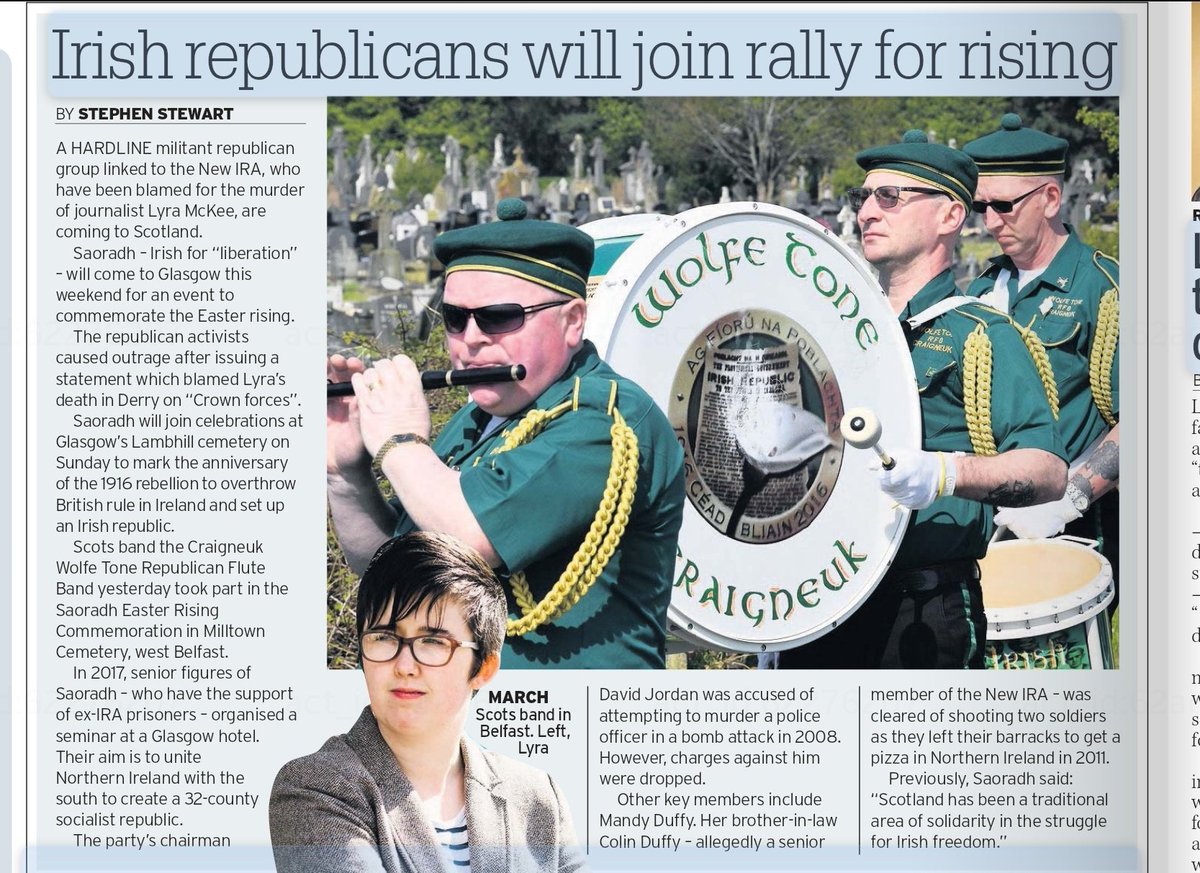 Also in April 2019, the Irish republican group Saoradh, who are linked to the 'new IRA', are allowed by the SNP run council to walk through Glasgow resulting in disturbances with counter demonstrators.