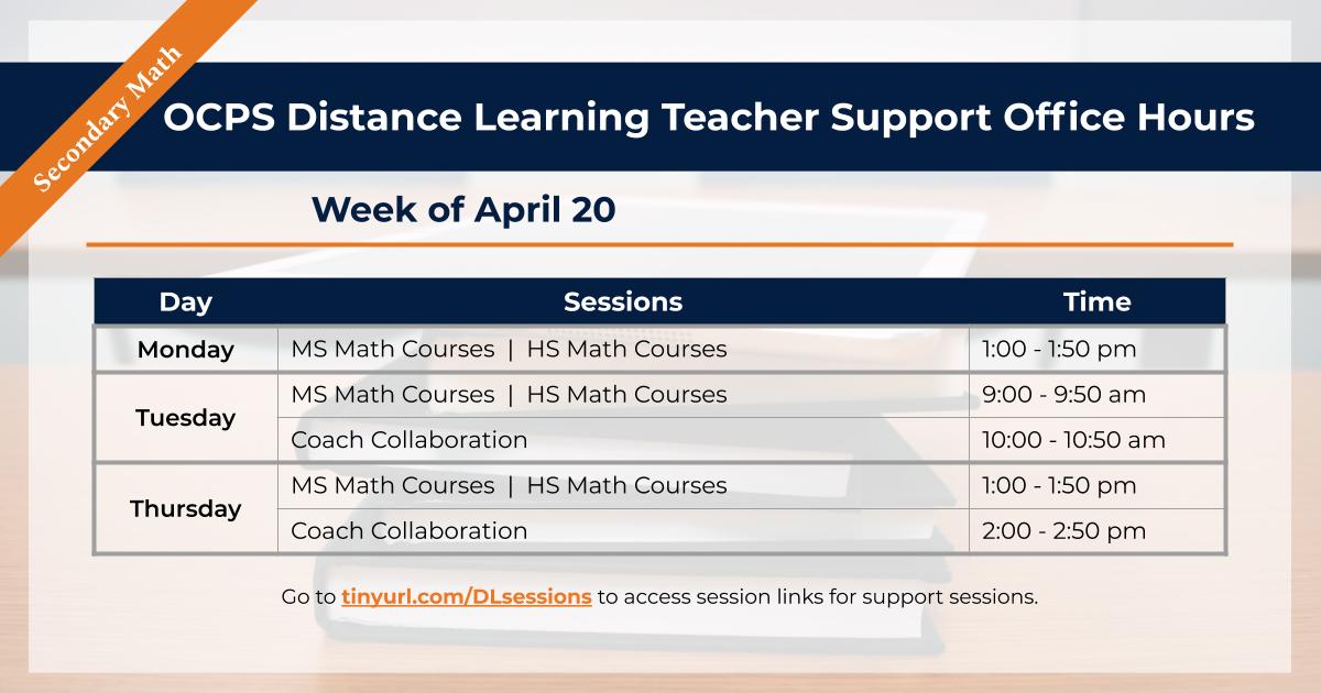 #SecondaryMathOCPS teachers/coaches, do you have questions? Great ideas to share? Issues you're troubleshooting? Join us for this week's office hours so we can help! None of the times work for you? Reach out and we'll find a time that works in your schedule. <a href="/CDLocps/">Curriculum and Digital Learning</a> #ImpactCDL