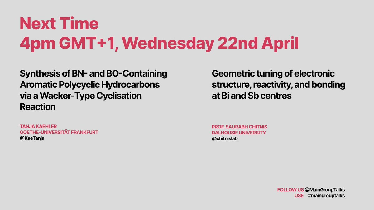 MainGroupTalks's tweet photo. Remember we have a seminar this week. It's on Wednesday, at 4pm GMT+1. Our speakers are @chitnislab and @KaeTanja. You can register (for free) at https://t.co/LCOm8rbdov Hope to see you there. Thanks for support from @RoySocChem #maingrouptalks https://t.co/fcF1FOsQgh