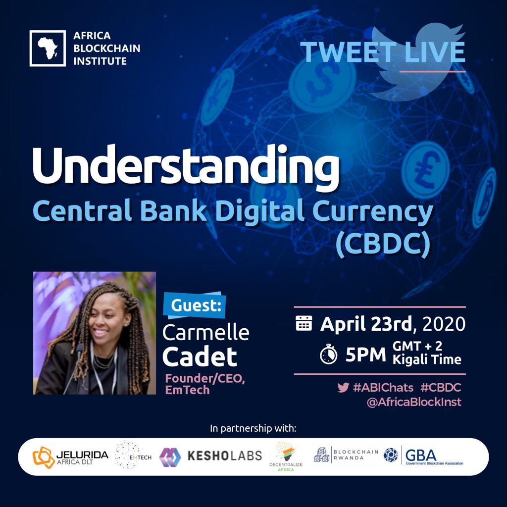 AfricaBlockInst's tweet photo. Tune in this Thursday April 23rd (5PM GMT+2) on our #TweetLive Session as we discuss: "Understanding #Central #Bank #Digital #Currency," with @CarmelleCadet, Founder/CEO of @EMTECH_SERVICES. 
Promises to be insightful.

#ABIChats #CBDC #Blockchain #Crypto #4IR #Tech #FinTech https://t.co/JGsAOyDxnd