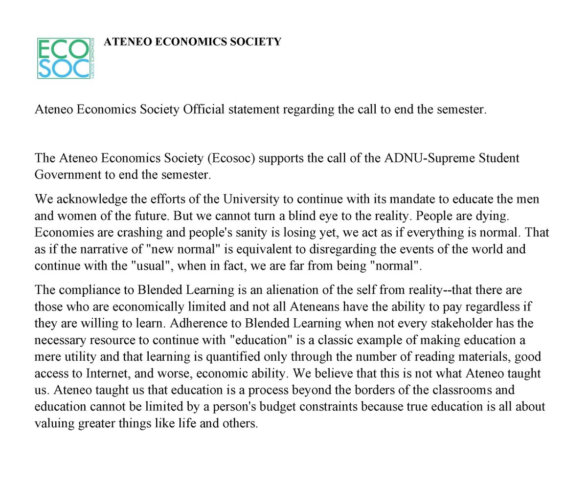 adnussgofficial's tweet photo. #AdKNOW

The Ateneo Economics Society (Ecosoc), the co-curricular organization of the AB Economics students, has released their official statement supporting the call to end the semester.

#NoStudentLeftBehind #EndTheSem https://t.co/Ad3AvBB1tF