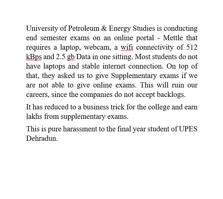 StudentUPES2's tweet photo. Urgent Help Required. Youth of this nation is in a huge risk. 
@UPESDehradun @HRDMinistry @ugc_india @dpradhanbjp @PMOIndia @aajtak @ndtvfeed @ABPNews @INCIndia @BJP4India @RajatSharmaLive @tsrawatbjp https://t.co/ac9WfcLtQj