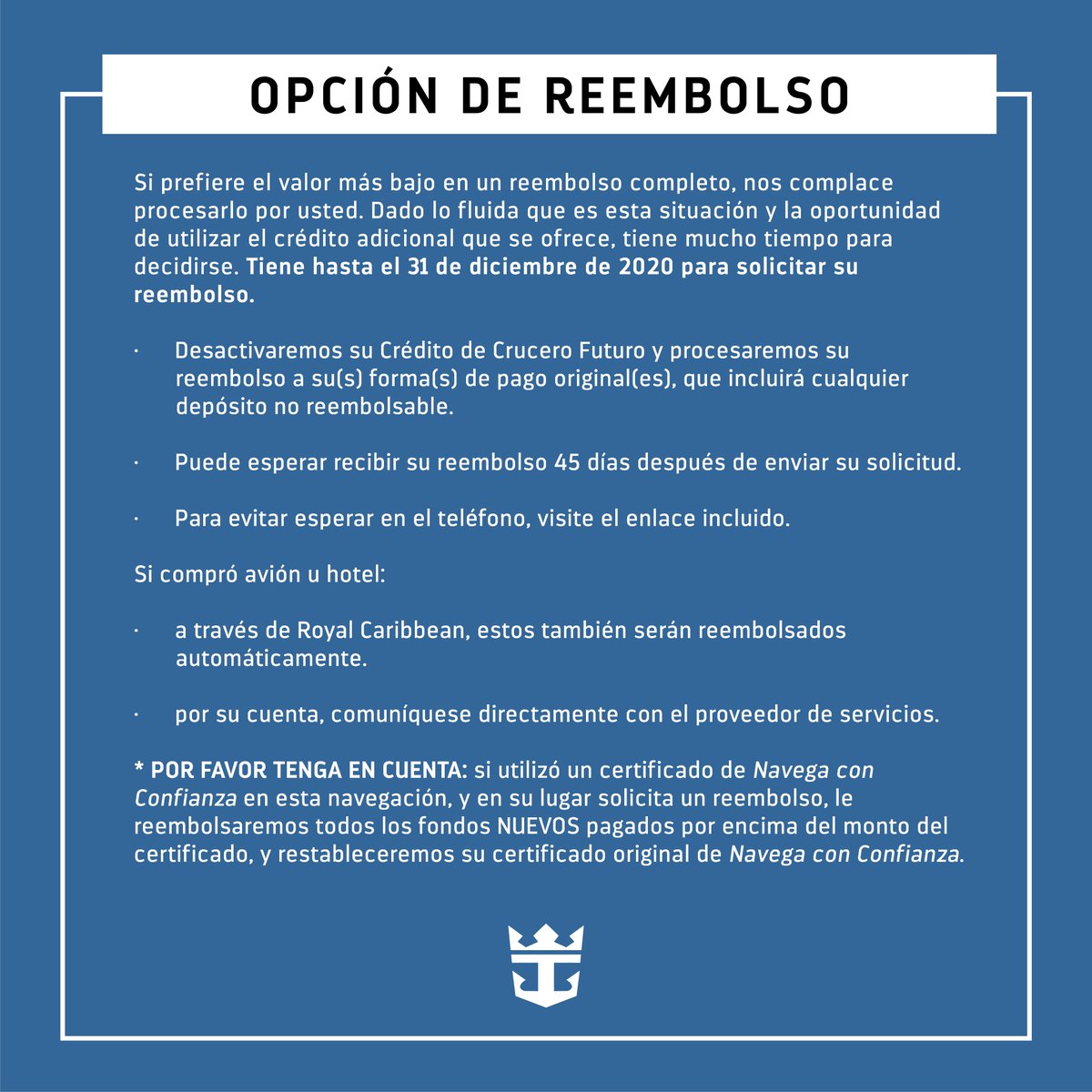 Importante actualización respecto a las navegaciones que parten hasta el 11 de junio. 🔗bit.ly/FCCRefund