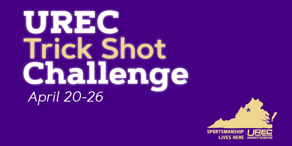 jmuUREC's tweet photo. 🚨The UREC Trick Shot Challenge has begun!🚨

🏀Shoot your shot now through Sun, Apr 26
🏆Winner will get an IM Champ t-shirt
⬇️See the thread below for contest details and rules
#URECTrickShots @JMU https://t.co/t1yKqRZ1ts