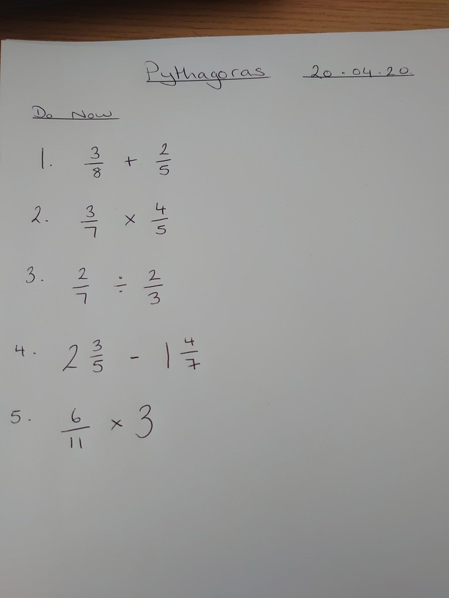 MrFarrarPHS's tweet photo. Fantastic to be with my Year 10 class this morning. Well done for getting up for 9am for a bit of Pythagoras' Theorem. Nice gentle start back into it!
Little fractions Do Now exercise to wake the brain up first
#wejustkeepgoing https://t.co/i7IYYGxhWW