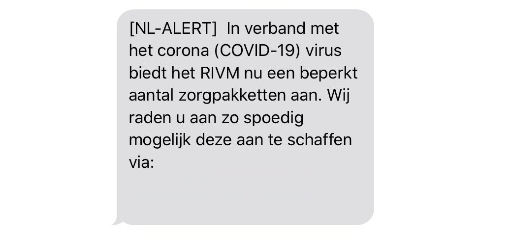 Waarschuwing! Vanochtend is er een vals NL-Alert verzonden. In het bericht wordt gesproken over zorgpakketten die het #RIVM zou aanbieden. Dit bericht is niet van het RIVM afkomstig. Klik niet op de link in het bericht.

#NLAlert #FakeNews