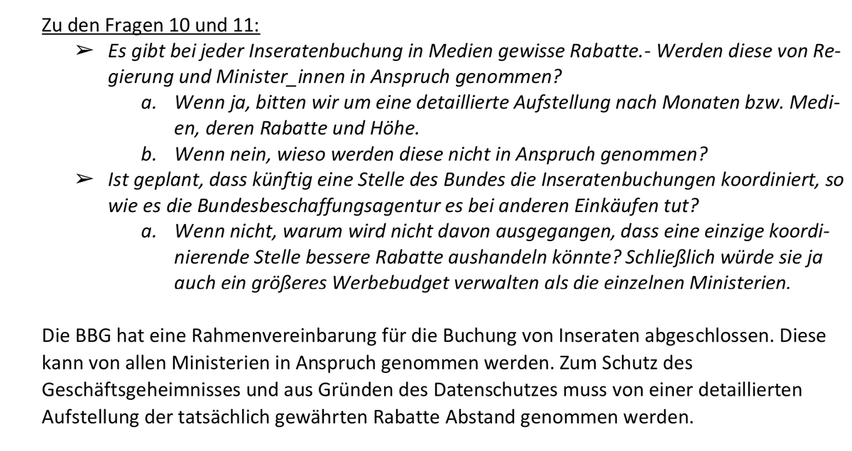 PolitometerAT's tweet photo. Welche Kommunikationskosten hatten die Ministerien und wie werden Inserate vergeben? Das wollte Abg. @brand_rede (NEOS) in einer Anfrageserie uA wissen. Die Bundesbeschaffungsagentur hat einen Rahmenvertrag zu Inseratevergaben abgeschlossen, so BM @lgewessler in ihrer Antwort. https://t.co/eLJ63IiHVw