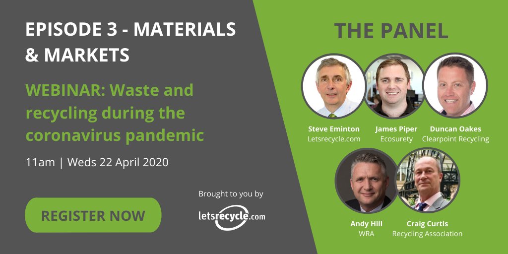 letsrecycle's tweet image. EPISODE 3: MATERIALS &amp;amp; MARKETS

11am | Weds 22nd April

Don't miss this FREE session where the panel will look at the different material streams and the impact that the coronavirus pandemic has had on each market.

Register via ow.ly/qxeT50ziKU9