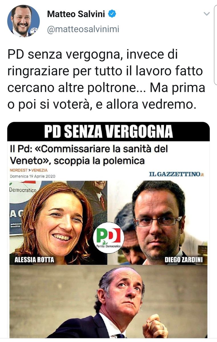 Caro Salvini, di cosa stai parlando? Quali poltrone? Stiamo cercando di tutelare le tante famiglie che hanno ospiti nelle RSA, a Villa Bartolomea dove in 1 mese sono MORTI più del 50% dei pazienti! Vogliamo collaborare con la Regione ma Zaia non ci ascolta!!! #coronavirus #veneto