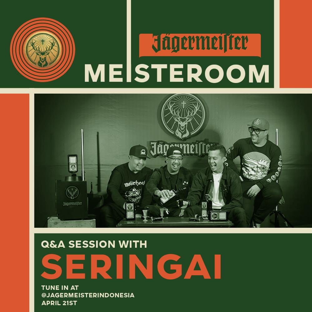 Seringai's tweet photo. #MEISTEROOM: Q&A SESSION WITH SERINGAI
Kunjungi akun instagram @JagermeisterID berikan pertanyaan yang akan kami jawab besok, 21 April 2020!
#JagermeisterIndonesia #JagerxSeringai #StayAtHome #BeTheMeister #IceColdShot https://t.co/FzsjYsBlyt