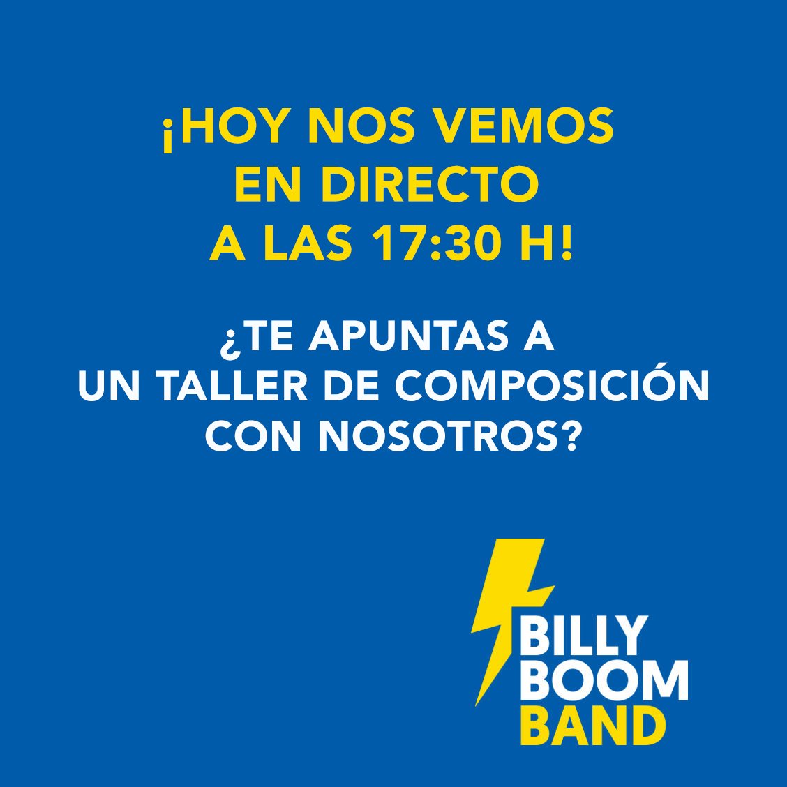 BillyBoomBand's tweet photo. ¡Esta tarde nos vemos en directo en instagram! ¿Os apetece apuntaros a un taller de composición con Billy?
Venga, nos vemos a las 17:30 para descubrir todos juntos cómo se compone una canción de rock? El ritmo, la armonía, la melodía y la letra. 🎶 🎸 🥁 https://t.co/gGHGfbmfH7