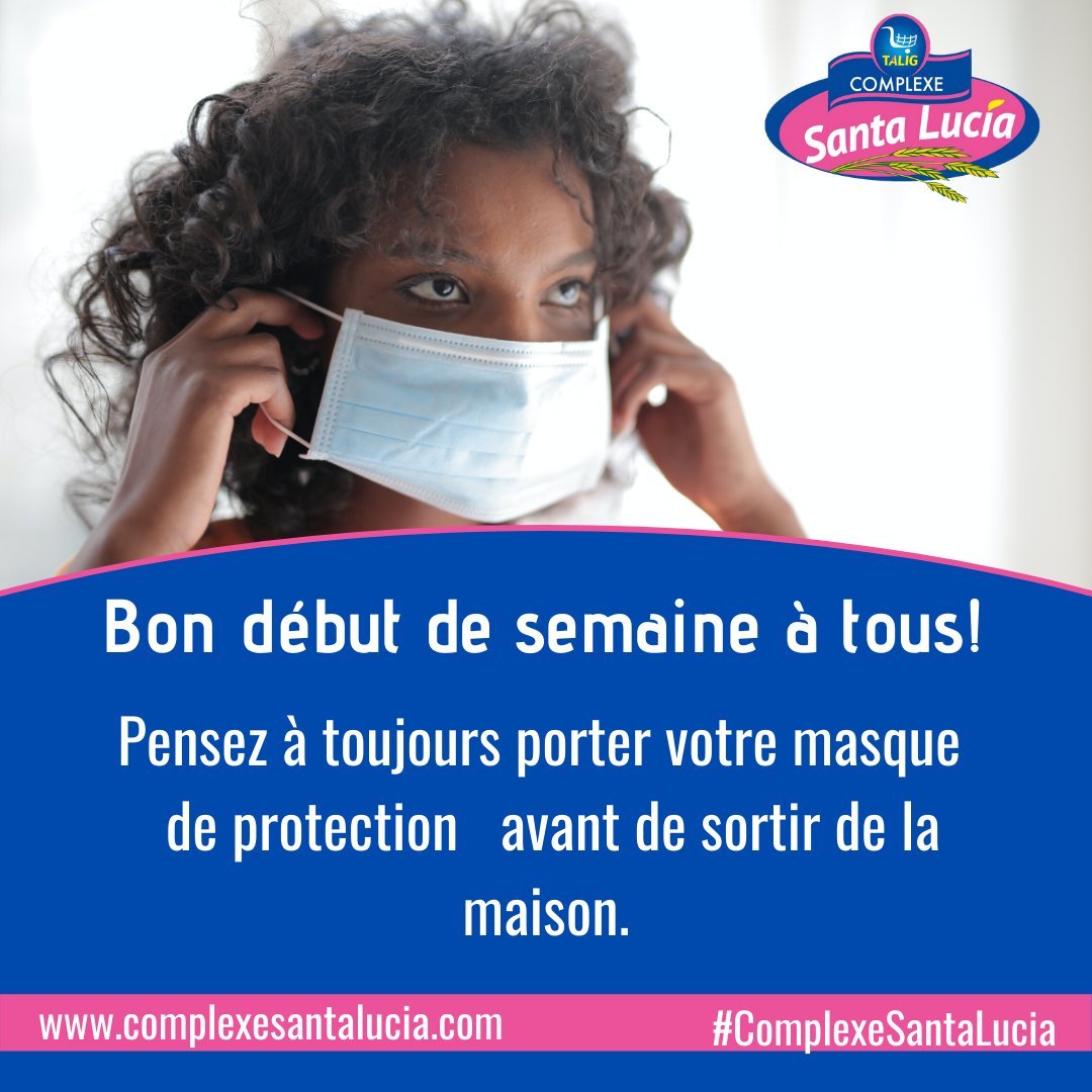 SantaLucia237's tweet photo. Bon début de semaine à tous!

Toujours porter son masque de protection😷 avant de sortir de la maison protégeons nous et protégeons nos proches.

https://t.co/36rIWitVZP
#StaySafe
#ComplexeSantaLucia https://t.co/nFbWoIYW1x
