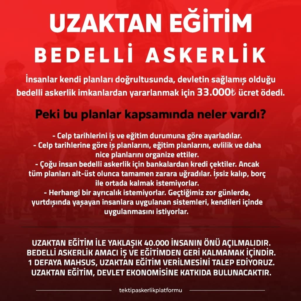 Gençlerin Mağduriyetinin Giderilmesi için👇
BedelliUzaktan EgitimOlsun 
<a href="/kayaismail80/">İSMAiL KAYA 🇹🇷</a> <a href="/FeyziBerdibek1/">Feyzi Berdibek🇹🇷</a> @yilmaz_ismet58 <a href="/tcsavunma/">T.C. Millî Savunma Bakanlığı</a> <a href="/RTErdogan/">Recep Tayyip Erdoğan</a> <a href="/fahrettinaltun/">Fahrettin Altun</a> <a href="/yasinugurmv/">Yasin Uğur</a> @sultankdgn <a href="/mugokgoz32/">Mehmet Uğur Gökgöz</a> <a href="/MSaitKirazoglu/">🇹🇷 Mehmet Sait Kirazoğlu</a>
#BüyükTürkiyeGüçlüLider
