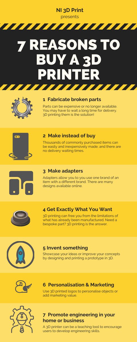 ni3dprint's tweet photo. Spares parts, marketing, teaching....and more. 7 great reasons to invest in a 3D printer. #3dprinting #3dprinters #3dprintingbelfast https://t.co/aqZKNSenl4