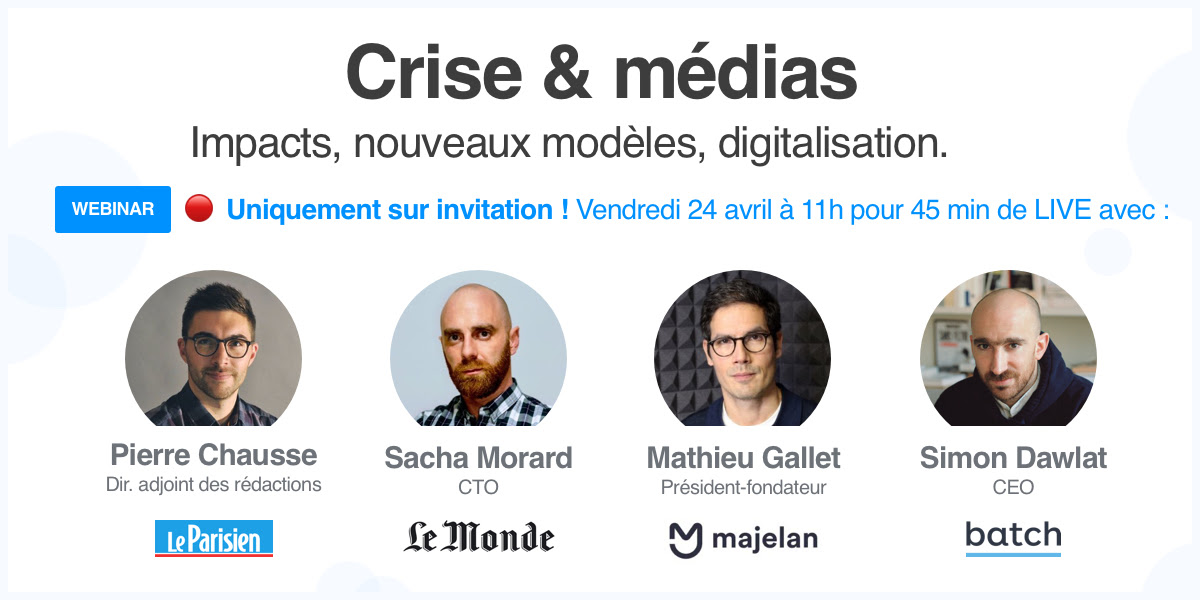 Batch (@batch) on Twitter photo 🔴Webinar - S01E02 - Sur invitation seulement ✉️
Après le succès de notre webinar #foodtech, nous remettons ça vendredi à 11h, sur le thème des #medias 🗞📻📺 Pour l'occasion nous recevons :
<a href="/mathieu_gallet/">Mathieu Gallet</a> <a href="/SachaMorard/">Sacha Morard</a> <a href="/MonsieurPierre/">Pierre Chausse</a>
RT ou ♥️ pour obtenir une invitation !! 🔴Webinar - S01E02 - Sur invitation seulement ✉️
Après le succès de notre webinar #foodtech, nous remettons ça vendredi à 11h, sur le thème des #medias 🗞📻📺 Pour l'occasion nous recevons :
<a href="/mathieu_gallet/">Mathieu Gallet</a> <a href="/SachaMorard/">Sacha Morard</a> <a href="/MonsieurPierre/">Pierre Chausse</a>
RT ou ♥️ pour obtenir une invitation !!