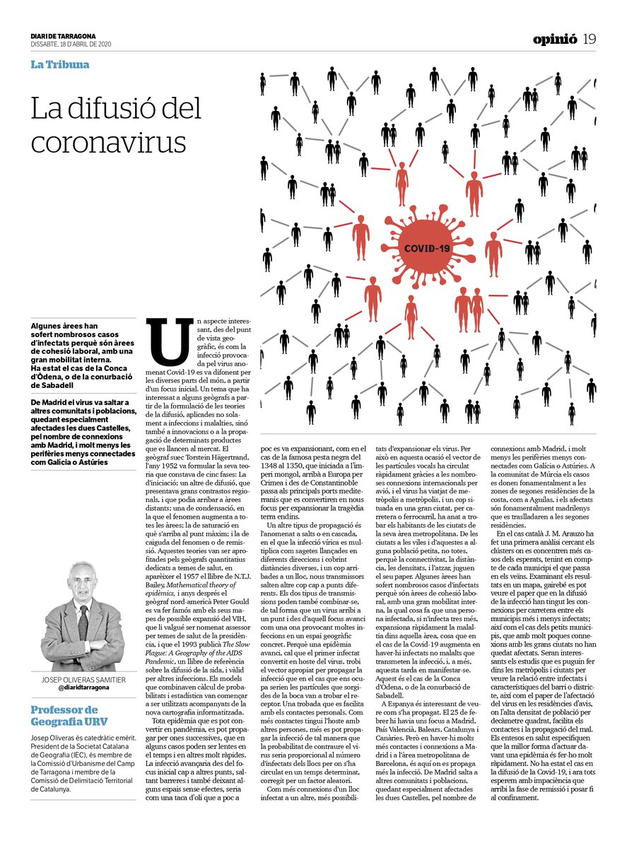 geografiaURV's tweet photo. Nou article d'opinió del Dr. Josep Oliveras, catedràtic emèrit del Departament de #Geografia @universitatURV, publicat al @diaridtarragona: "La difusió del coronavirus" https://t.co/pDc8WxCBrI https://t.co/vwJVVn9VQW