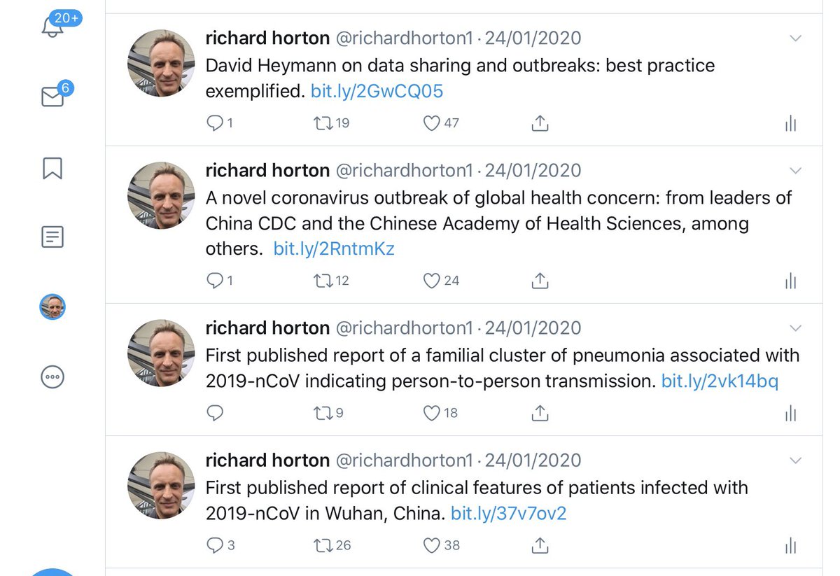 On the same day, I tweeted a series on Lancet publications that emphasised the severity of COVID-19: human-to-human transmission, a critical illness requiring ICU admission, and a virus with “pandemic potential.” Read the article. What is happening now is all there.