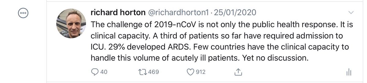 On Jan 25, the next day, I drew attention to the issue of ICU capacity and asked why there was no discussion of this urgent clinical challenge.