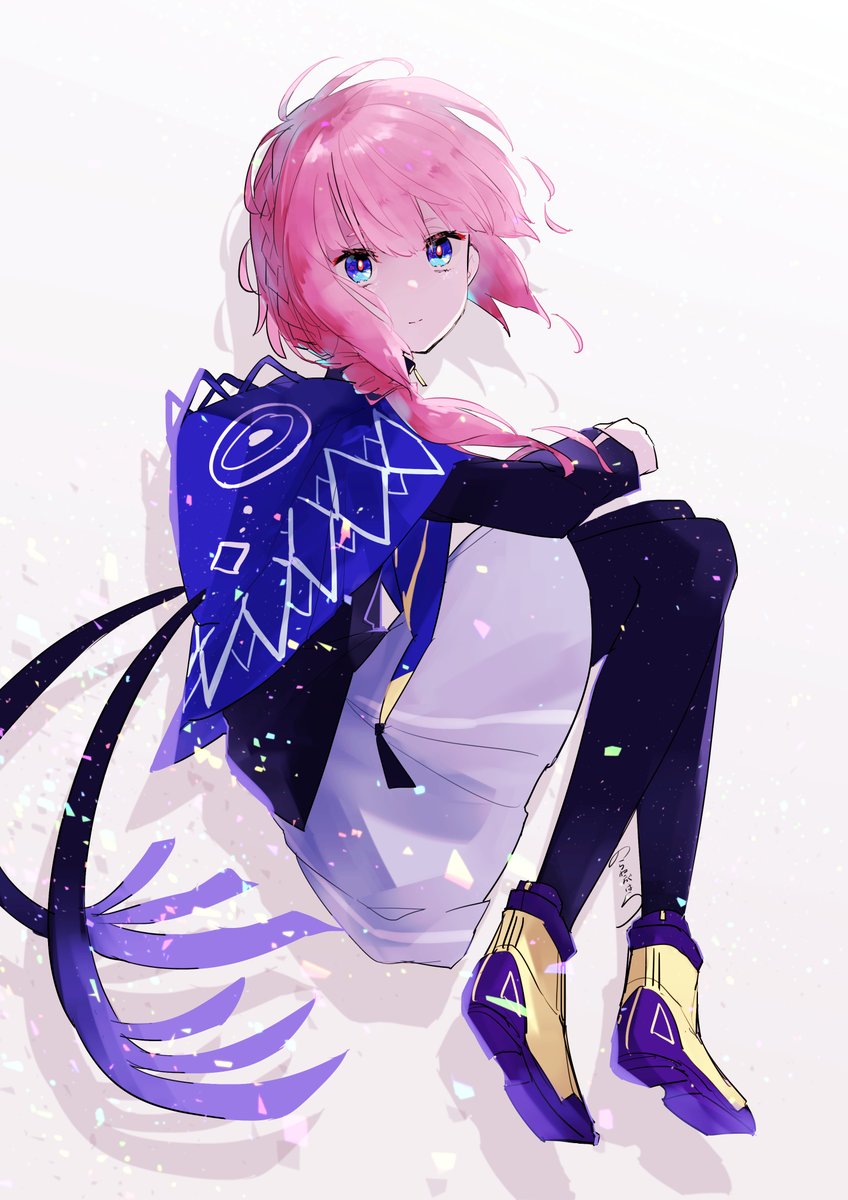 1girl solo pink hair blue eyes hood capelet looking at viewer  illustration images