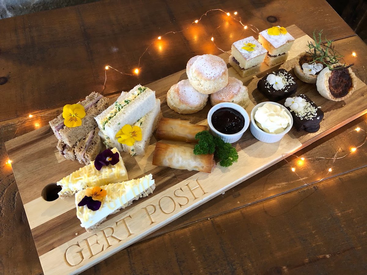 FarringtonsFarm's tweet photo. our Gert Posh Afternoon Tea is now available to takeaway! It comes with a mixture of savoury treats and sandwiches, scones with Midway Farm clotted cream and homemade jam, alongside a selection of homemade cakes. Simply call on 01761 452266 to order. Available Monday - Saturday. https://t.co/jl3MeIJdOa