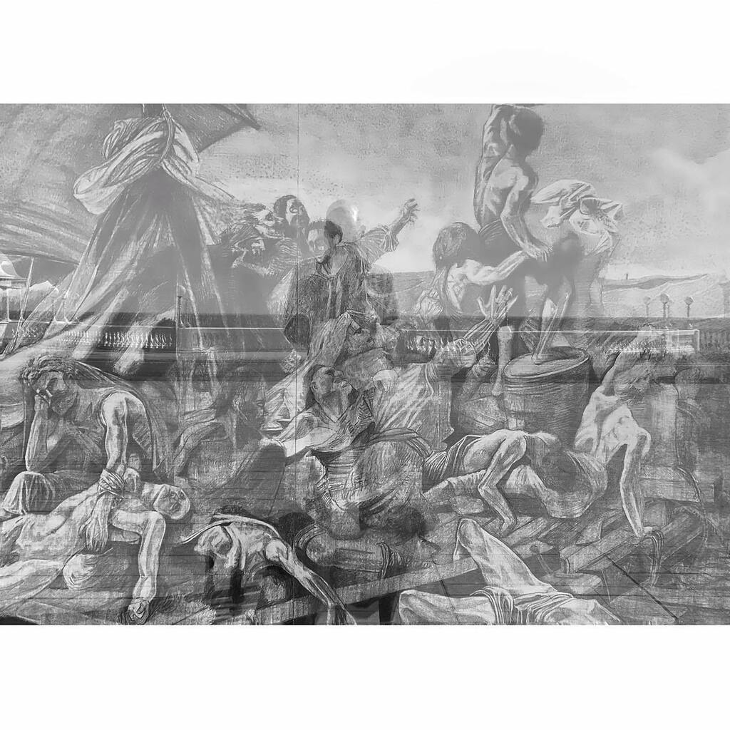 jamesroyclarke's tweet photo. Me, the dog and the seafront reflected in the @delawarr window with The Raft Of Medusa by Theodore Gericault, a pic publicising their great Marc Bauer exhibition.
#marcbauer #gericault #raftofmedusa #blackandwhitephotography #streetphotography #reflecti… https://t.co/gwVoYOb49s https://t.co/RqVHUclsGg